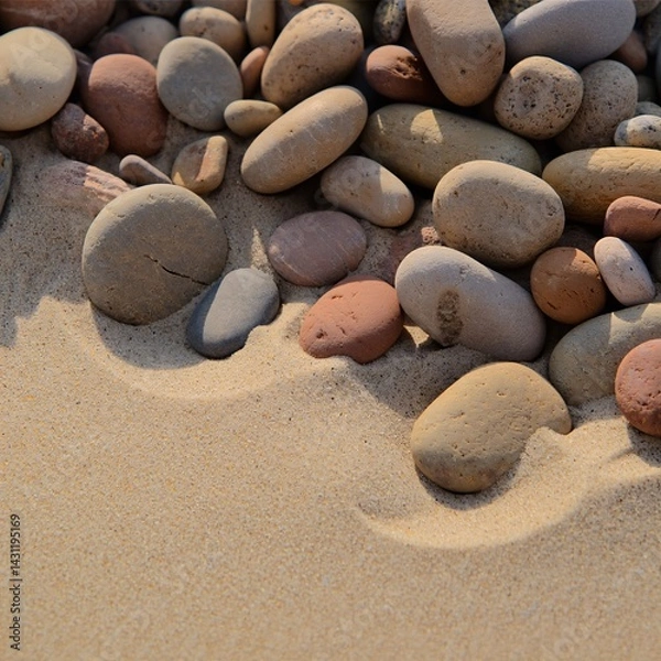 Fototapeta Smooth, colorful stones are scattered across a sandy beach, illuminated by bright sunlight.