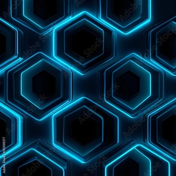 Fototapeta Abstract seamless pattern with glowing blue hexagonal shapes against a dark, geometric background.