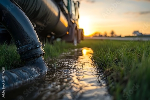 Fototapeta A close-up of an oil truck's tank and the hose it is connected to, on grass near a road in the summer sunset light.