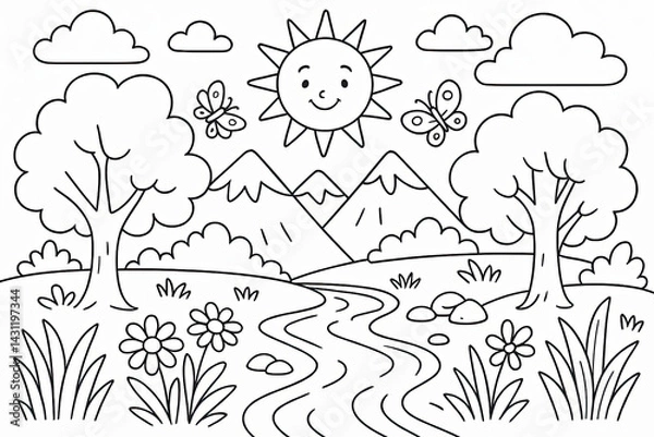 Obraz Black and White Line Drawing of a Sunny Landscape with River