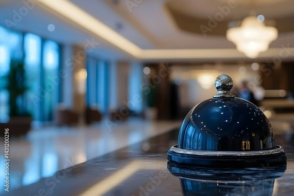 Fototapeta Close-up of a hotel service bell on a marble counter in a luxury reception lobby, with a blurred background and ample copy space.