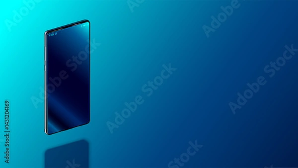 Fototapeta Modern vertical smartphone floating over table with smooth dark blue surface in perspective view with reflection. Realistic vector illustration isometric phone. Mock up or template shiny phone.