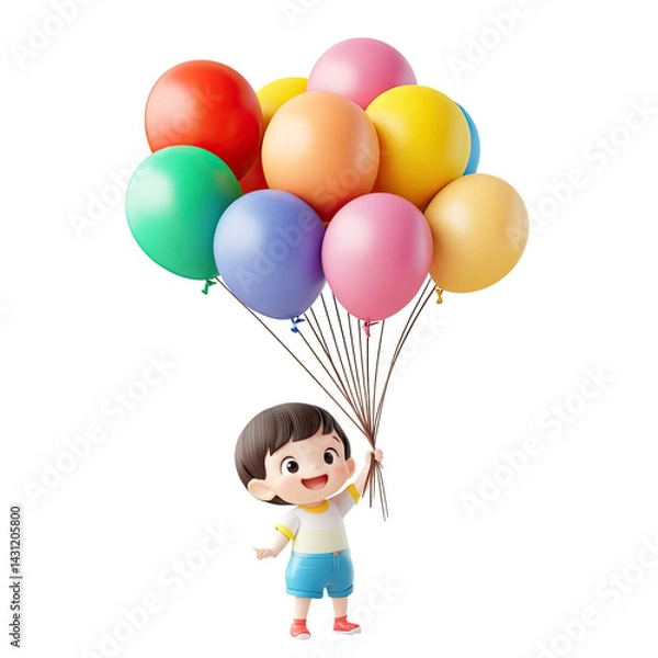 Fototapeta A Joyful Child Soaring High with Colorful Balloons: A 3D Rendered Image of Childhood Dreams and Happiness