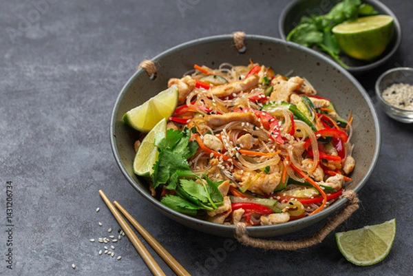 Fototapeta hot and spicy rice noodles with chicken and  vegetables