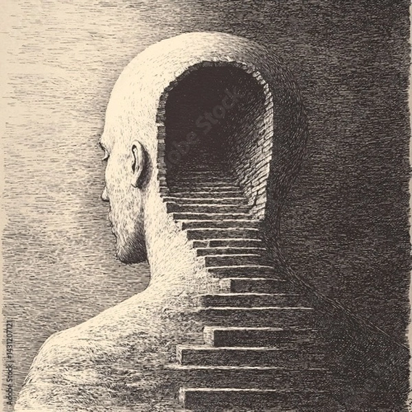Fototapeta Man With an Intricate Staircase in His Chest Leading to the Void