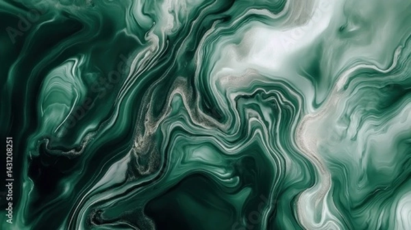 Fototapeta Abstract fluid art, exhibiting dynamic green and white swirls.