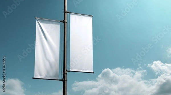 Fototapeta  3D rendering of two white blank banners on a pole, against a sky background with clouds.