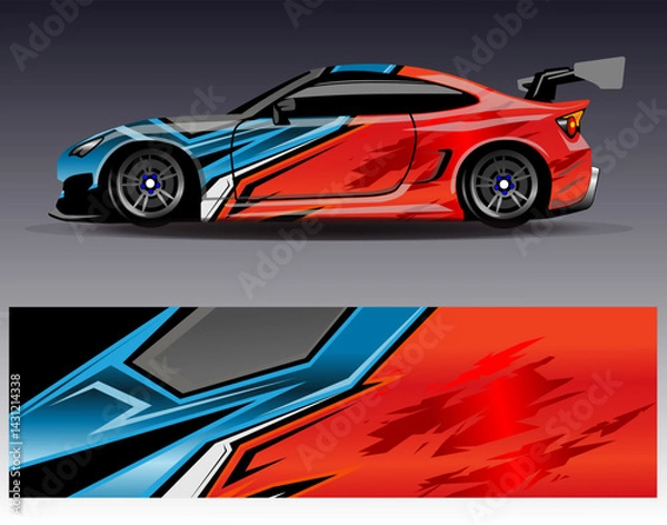 Fototapeta Car wrap design vector. Graphic abstract stripe racing background designs for vehicle, rally, race, adventure and car racing livery