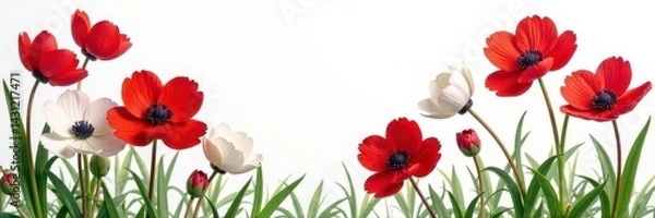 Fototapeta Vibrant red & white anemones, overhead White backdrop, ample copy space , petals, nature, floral