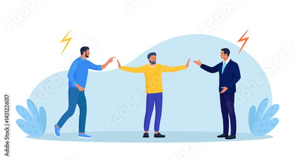 Fototapeta Conflict management. Man stopping conflict or fighting. Leadership skill to compromise and solving argument problem. Disagreement communication, negotiation. Business deal conversation