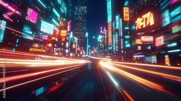 Fototapeta Futuristic city street at night with vibrant neon lights and motion blur