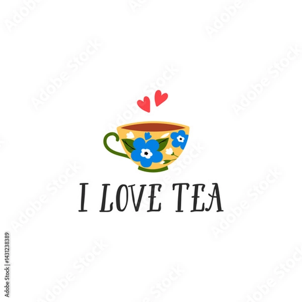 Fototapeta I love tea vector quote. Tea ceramic mug. Rustic cup. Flat graphic vector illustration isolated on white background. Warm morning beverage, teatime.