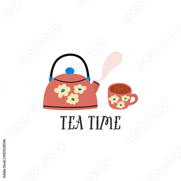 Fototapeta Tea time vector quote. Tea ceramic mug. Rustic teapot and cup. Flat graphic vector illustration isolated on white background. Warm morning beverage, teatime.