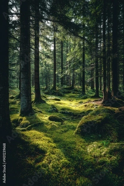 Obraz Enchanting forest floor with vibrant moss and towering trees bathed in ethereal sunlight creating a serene and tranquil atmosphere in a lush woodland