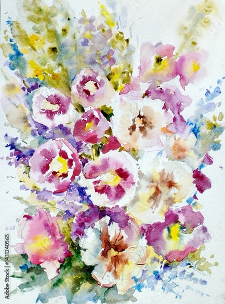 Fototapeta Abstract bright colored decorative background . Floral pattern handmade . Beautiful tender romantic bouquet of wild flowers , made in the technique of watercolors from nature