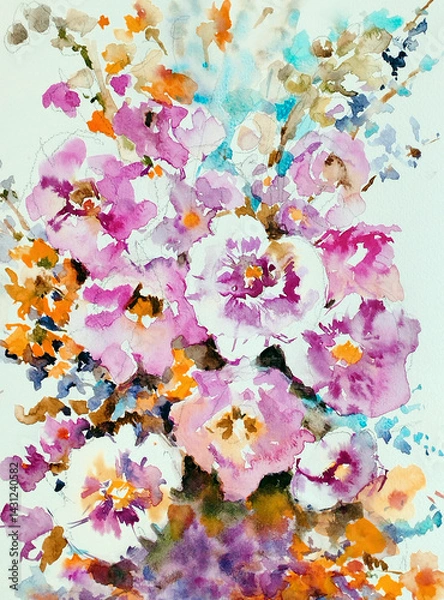 Fototapeta Abstract bright colored decorative background . Floral pattern handmade . Beautiful tender romantic bouquet of wild flowers , made in the technique of watercolors from nature