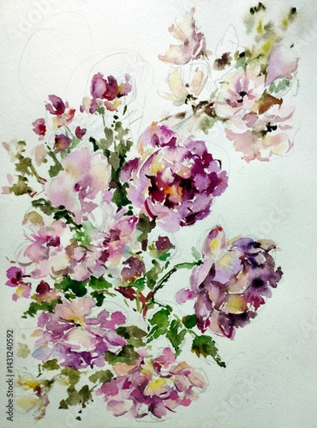 Fototapeta Abstract bright colored decorative background . Floral pattern handmade . Beautiful tender romantic bouquet of wild flowers , made in the technique of watercolors from nature