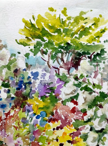 Fototapeta Watercolor colorful bright textured abstract background handmade . Mediterranean landscape . Painting of vegetation of the park , made in the technique of watercolors from nature