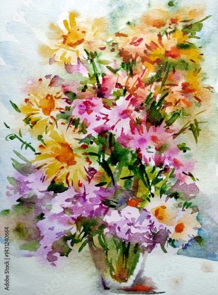 Obraz Abstract bright colored decorative background . Floral pattern handmade . Beautiful tender romantic bouquet of wild flowers , made in the technique of watercolors from nature