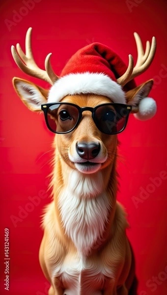 Obraz Cool Santa Claus funny reindeer with sunglasses and Santa hat on a red background