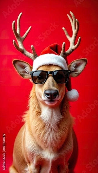 Obraz Cool Santa Claus funny reindeer with sunglasses and Santa hat on a red background