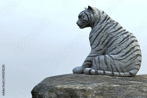 Fototapeta A serene, sculpted white tiger resting atop a rocky outcrop.