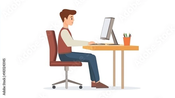Fototapeta A man with glasses sits at a desk in a modern office, focused on typing at a keyboard.