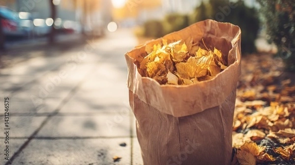 Fototapeta Autumn leaves in a paper bag on a sidewalk