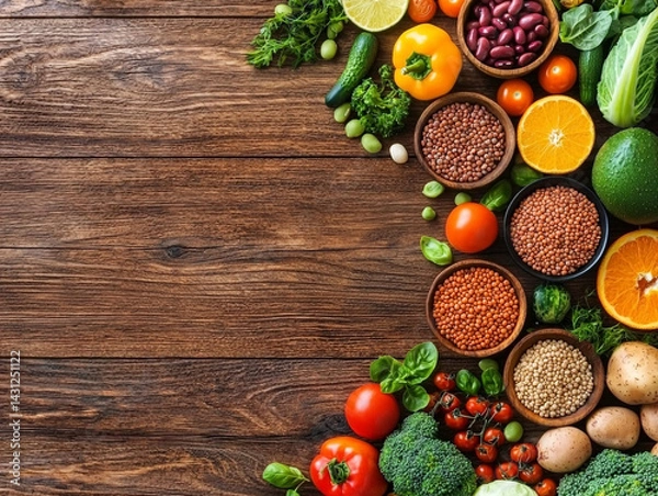 Fototapeta Fresh vegetables and fruits arranged on wooden surface, showcasing vibrant assortment of colors and textures. This healthy food background emphasizes importance of nutrition and wellness