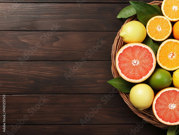 Fototapeta Fresh citrus fruits in woven basket, including oranges, lemons, and grapefruits, create vibrant and colorful display on rustic wooden table. arrangement evokes sense of freshness and health