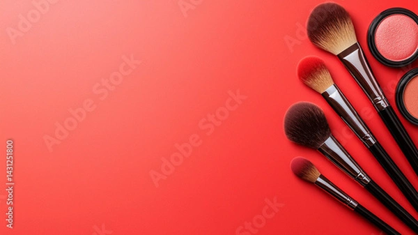 Fototapeta flat lay of various makeup brushes on vibrant red background, showcasing tools used for applying cosmetics with elegance and style