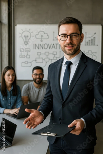 Fototapeta Professional business and education setting with diverse people in formal attire, engaging in teamwork, leadership, presentations, coaching and innovation-focused meetings in modern office