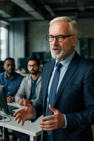 Fototapeta Professional business and education setting with diverse people in formal attire, engaging in teamwork, leadership, presentations, coaching and innovation-focused meetings in modern office