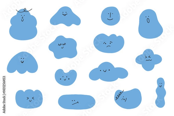 Fototapeta Hand drawn collection abstract shapes with different face emotions. Doodle various figures for kids illustration. Cute funny characters.