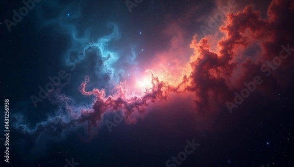 Fototapeta A stunning, vibrant cosmic nebula radiates a kaleidoscope of colors, with shades of electric blue, hot pink, and citrusy orange, swirled together in a mesmerizing dance of interstellar gas and dust.