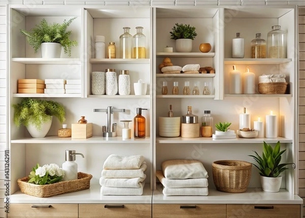 Fototapeta Organized Bathroom Cabinet with Spa-Like Products and Towels