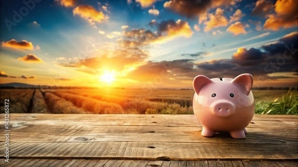 Obraz Panoramic View of Empty Piggy Bank, Reflecting Financial Crisis and Scarcity