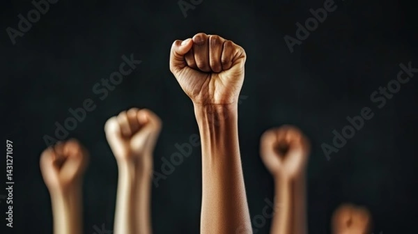 Obraz A group of raised fists in various skin tones against a warm brown background, symbolizing unity and strength.