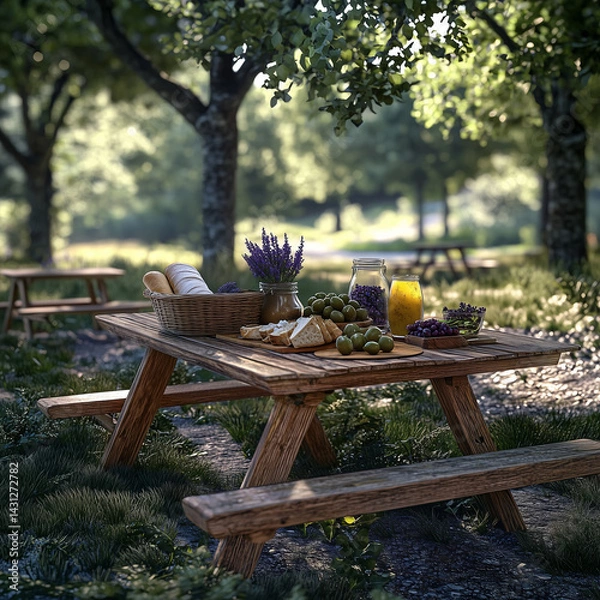 Fototapeta Rustic picnic table with food and lavender, in a sunny park.