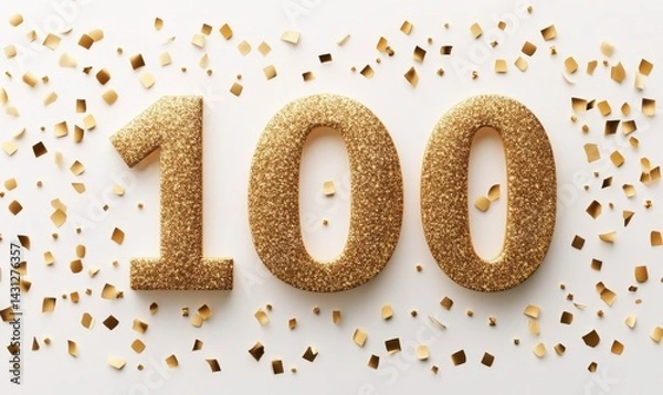 Fototapeta Glittering Gold 100 Celebration Numbers with Confetti Background