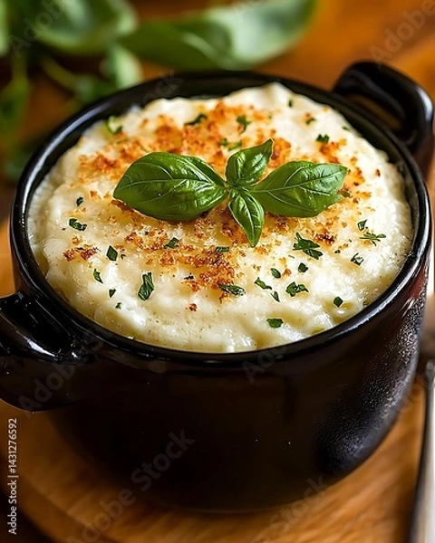 Fototapeta Creamy Mashed Potatoes in Black Bowl with Herbs and Crispy Topping on Wooden Surface