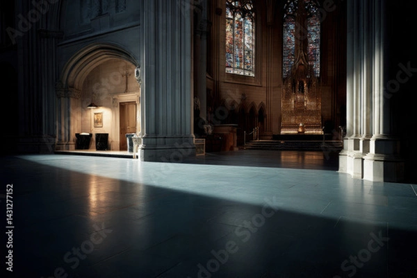 Fototapeta Light entering through columns in empty cathedral interior