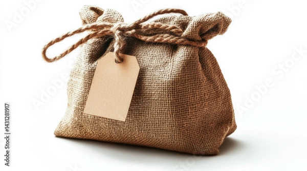 Fototapeta Sackcloth bag with a tag attached, displayed on white background with clipping path