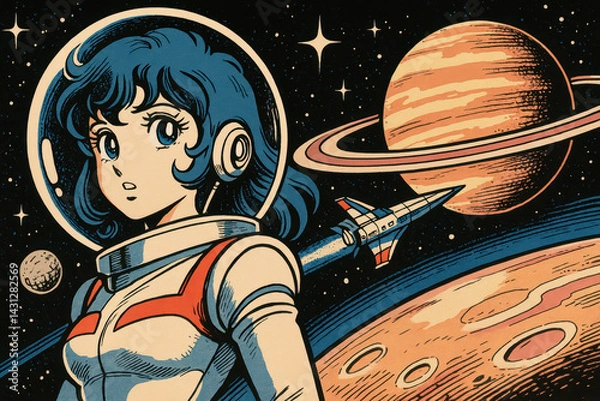 Obraz Manga-style illustrations of young astronauts exploring outer space, planets, and galaxies in colorful, retro-futuristic scenes full of adventure, action, and imagination