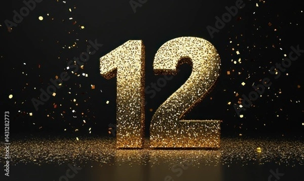 Fototapeta Golden Glittering Number Twelve with Confetti on Dark Background