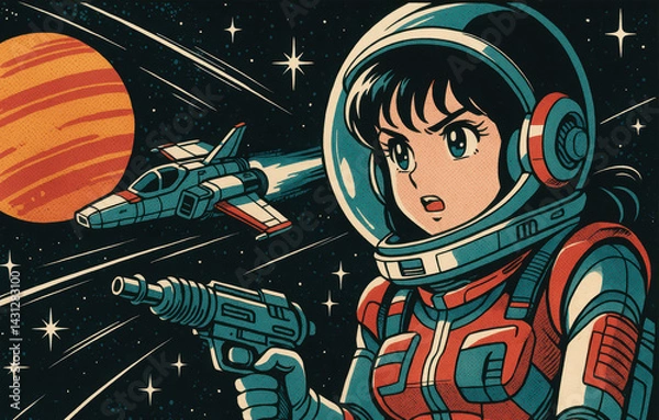 Obraz Manga-style illustrations of young astronauts exploring outer space, planets, and galaxies in colorful, retro-futuristic scenes full of adventure, action, and imagination