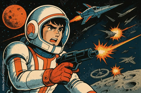 Obraz Manga-style illustrations of young astronauts exploring outer space, planets, and galaxies in colorful, retro-futuristic scenes full of adventure, action, and imagination