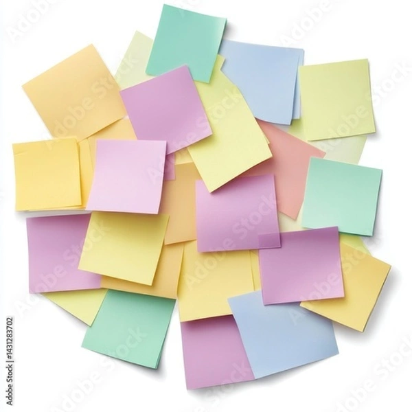 Obraz Pastel colored sticky notes scattered on a white background creating a vibrant and organized chaos from above in a flat lay style