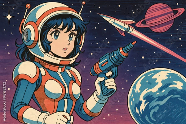 Obraz Manga-style illustrations of young astronauts exploring outer space, planets, and galaxies in colorful, retro-futuristic scenes full of adventure, action, and imagination
