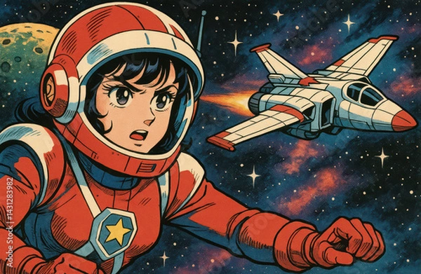 Obraz Manga-style illustrations of young astronauts exploring outer space, planets, and galaxies in colorful, retro-futuristic scenes full of adventure, action, and imagination